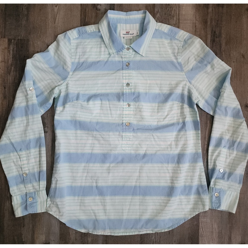Vineyard Vines Button Up Pullover Womens 6 Blue Mint Striped Roll Tab Sleeve